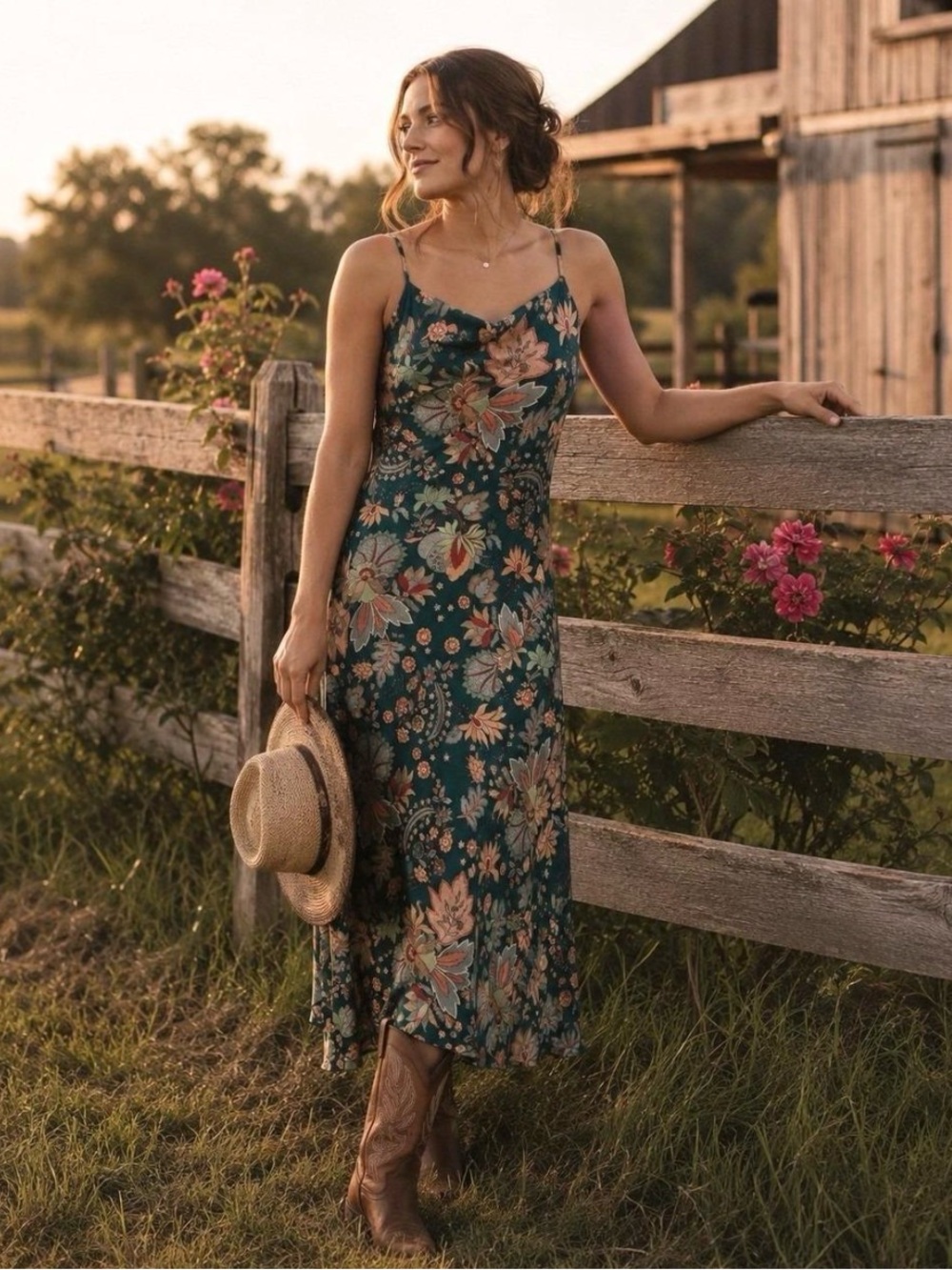 Paper Heart Green Floral Paisley Satin Boho Slip Dress - Small